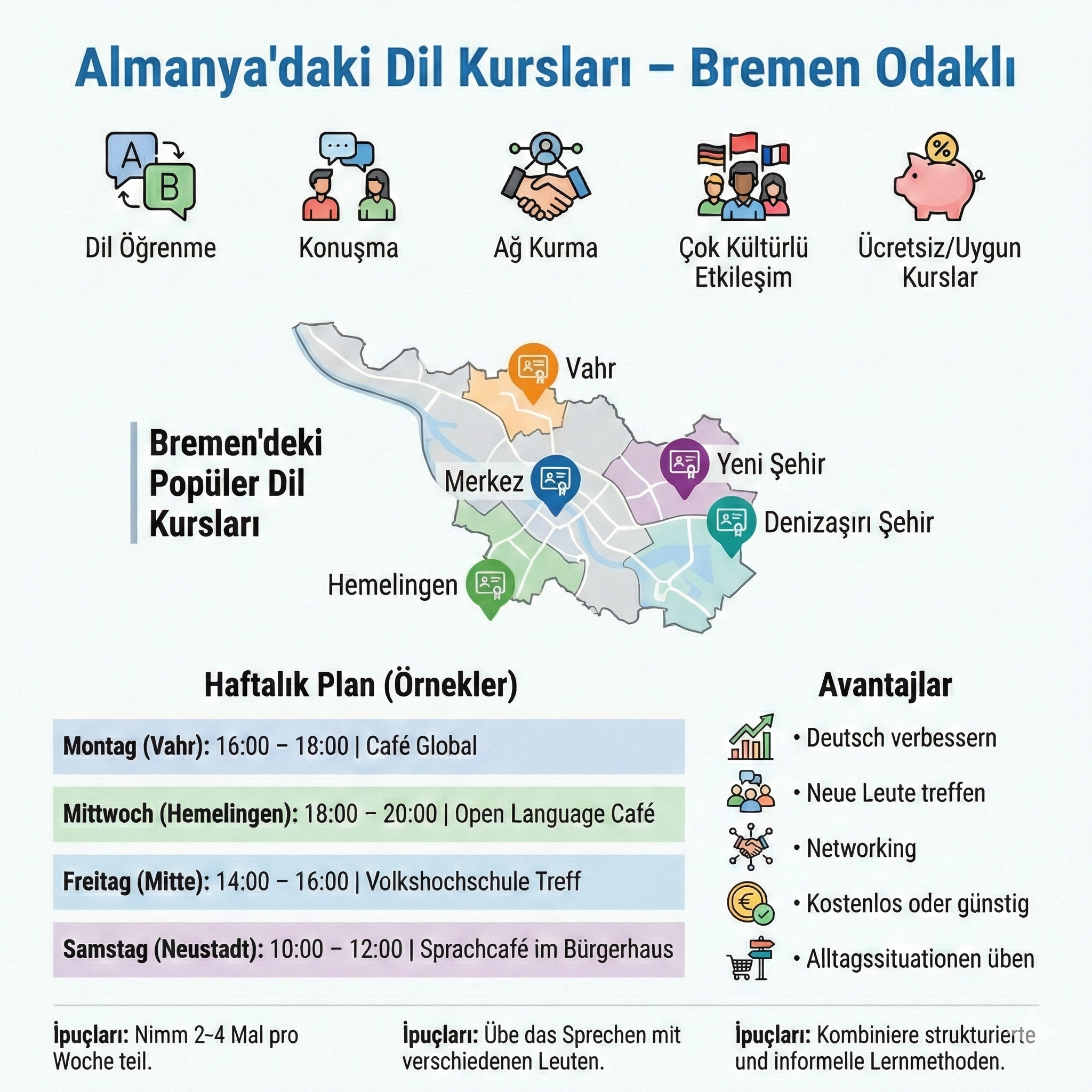 Bremen ve Almanya'daki dil kursları hakkında bilgi grafiği: Mitte, Hemelingen, Vahr, Neustadt ve Überseestadt bölgelerini gösteren Bremen haritası; dil kafeleri ve kurs örnekleriyle haftalık program; Almanca öğrenme, konuşma, ağ kurma, çok kültürlü etkileşim ve ücretsiz/uygun fiyatlı teklifler için simgeler; dil pratiği, yeni insanlarla tanışma, günlük Almanca pratiği gibi faydalar; haftada 2-4 kez, yapılandırılmış ve gayri resmi kursların karışımı için öneriler; mavi, yeşil ve turuncu tonlarında modern, sade tasarım.