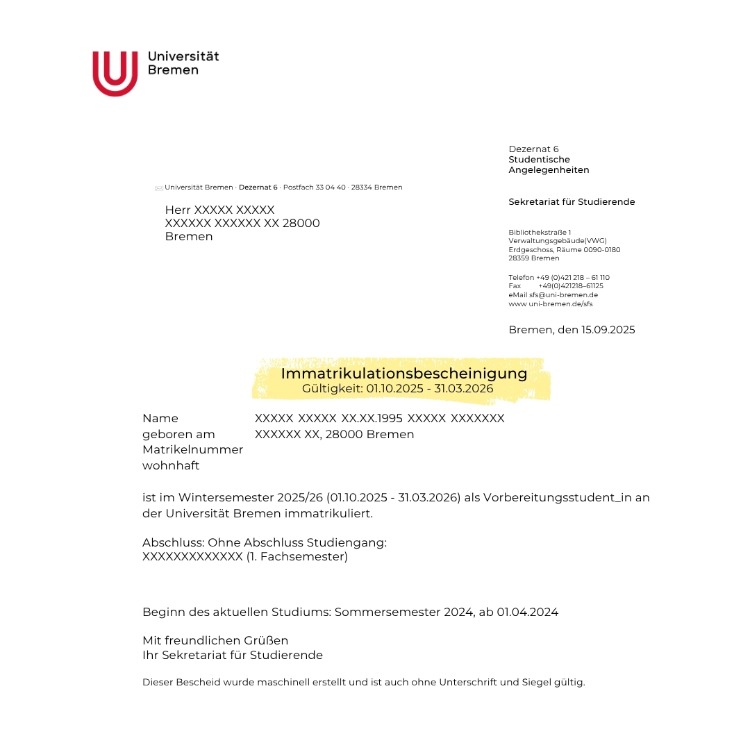 Bremen Üniversitesi Şartlı Kabul Immatrikulationsbescheinigung